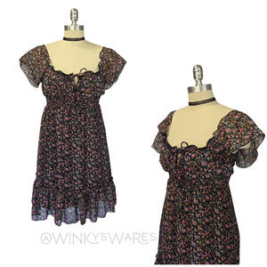 Vintage 90s Milkmaid Dress Size S Trixxi Black Ditsy Floral Ruffle Short Sleeve